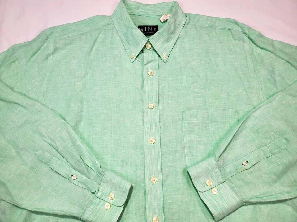 MINE Mens Button Front Shirt 100% Linen Sea Foam Green XL Long Sleeve Milan NYC - Image 3 of 4
