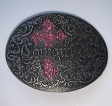 Cowgirl Up Metal Belt Buckle With Pink Rhinestones Cross