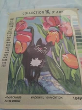 NEW -COLLECTION D'ART - CAT IN THE TULIPS - NEEDLEPOINT CANVAS 10490 AND THREADS