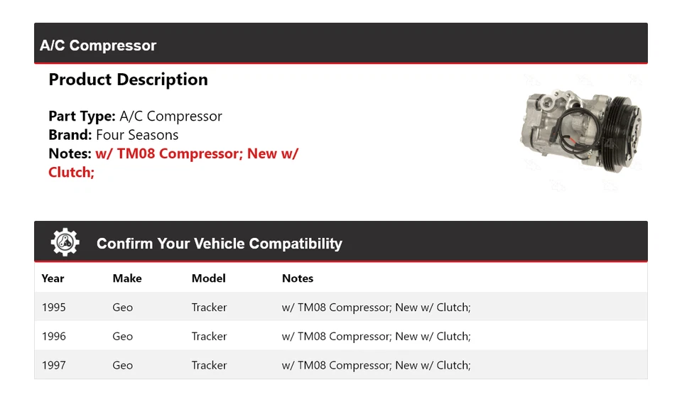 Compresor de aire acondicionado Geo Tracker 1995-1997 4 estaciones 1996 Foto 2 de 4