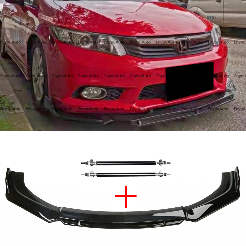 For Honda Civic SI Sedan Coupe Front Bumper Lip Spoiler + Strut Rod Glossy Black