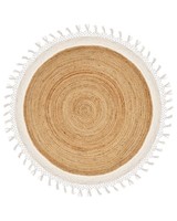 Rustikale Boho Teppich Rund 140 Cm NatüRliche Jute Handgeflochten Beige Und Weiß
