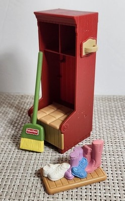FISHER PRICE LOVING FAMILY DOLLHOUSE MUD ROOM HALL TREE BROOM SHOES MAT LOT