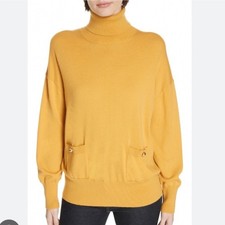 Suéter Kate Spade L Cuello Alto Bolsillos Mostaza Amarillo Mezcla Lana Botones Dorados