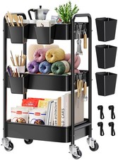 3 Tier Rolling Cart Metal with Wheels, Black Three Tiered Art Cart Organizer on