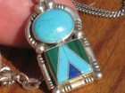 c1980 ZUNI INLAY PENDANT NECKLACE STERLING SILVER JEWELRY TURQUOISE w/CHAIN LOW$ — photo 3