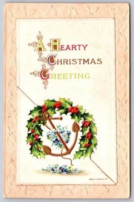 A Hearty Christmas Greeting Postcard Embossed Anchor Holly Forget-Me-Nots E118