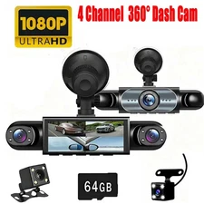 4 Channel Dash Cam 4 Lens 3.16”HD Screen Dashcam 360° Surveillance Night Vision 