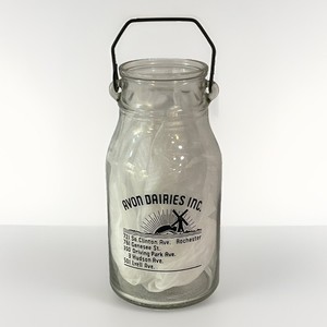 One-Gallon Avon Dairies Rochester NY Milk Bottle Glass w/ Metal Handle- vintage 
