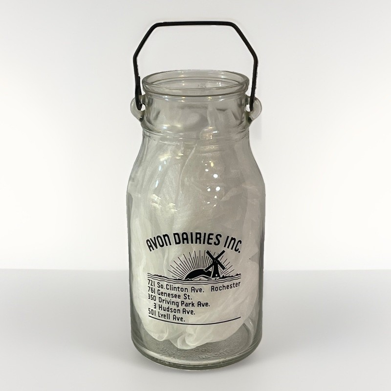 One-Gallon Avon Dairies Rochester NY Milk Bottle Glass w/ Metal Handle- vintage 