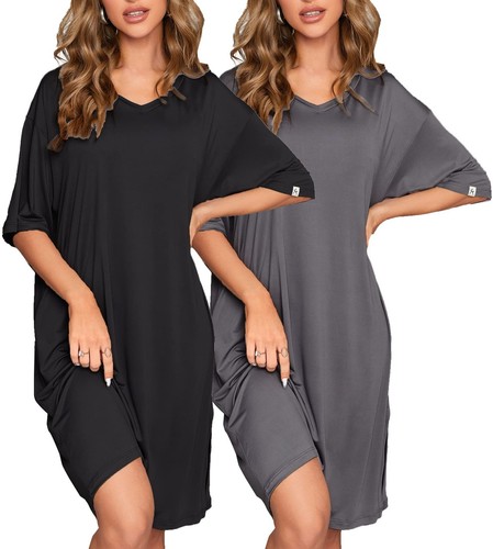 FENTENG 2-pack Women's Nightgowns Short Sleeve Nightshirt V Neck Soft Sleepwe...