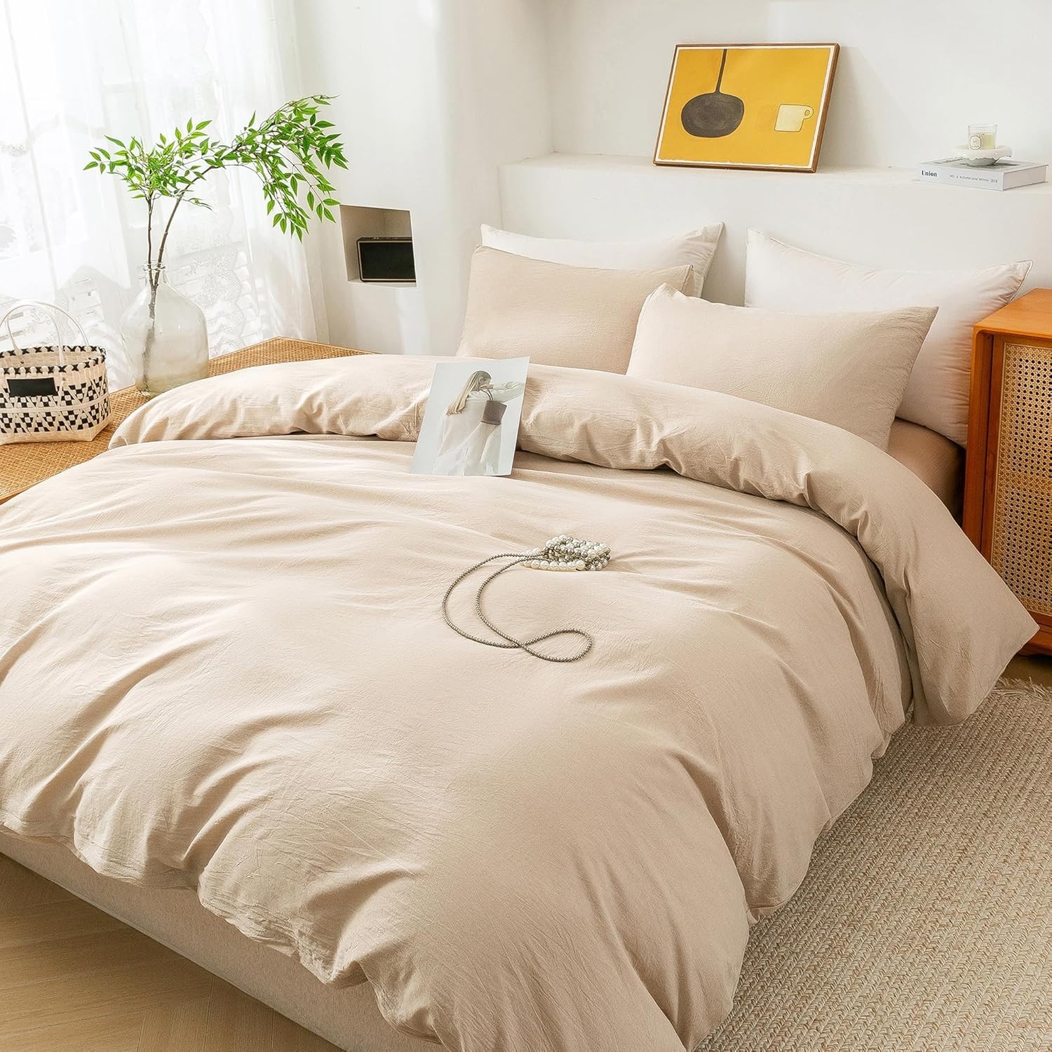 Beige Cotton Duvet Cover Bedding Set with buttons in king Twin XL and other size