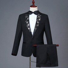 Black Men Applique Suit Sequins Jacket Fashion Wedding Formal Party