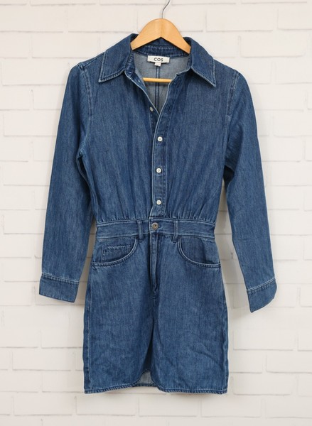 COS women's blue denim long sleeve mini shirt dress size 32