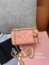 Auth Chanel Vanity Mini Crossbody Bag Pink Quilted Lambskin Leather Gold Ball