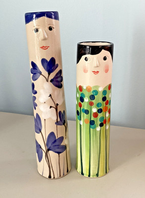 Bohemian Style Hand Painted Floral Family Ceramic Bud Vases Set Of 2