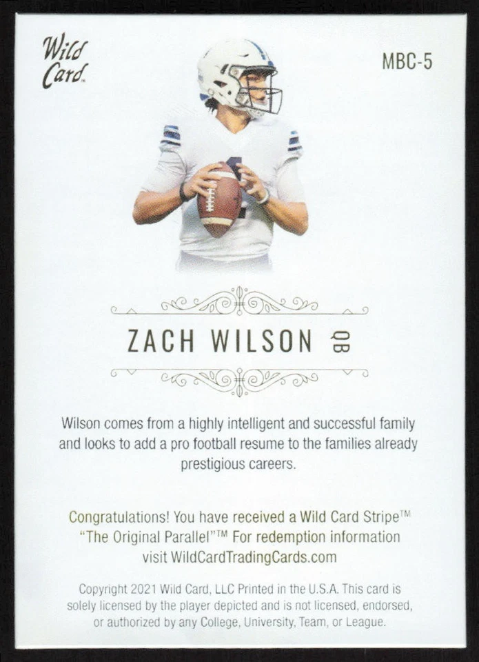 2021 Wild Card Matte 50 Stripe Hobby White Rookie Zach Wilson /15 BYU Jets - Image 2 of 2
