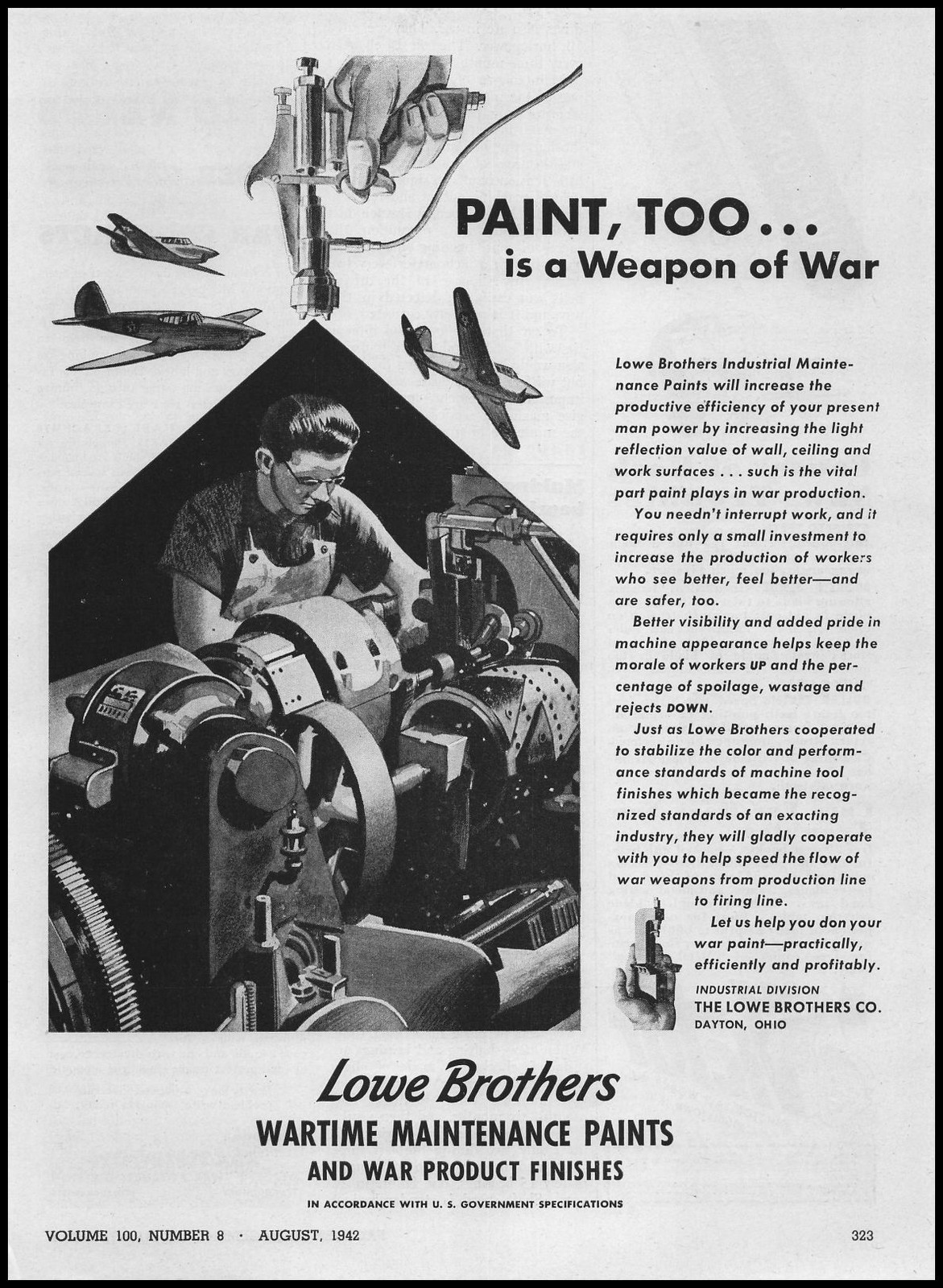 1942 Lowe Bros Dayton Ohio Wartime Maintenance Paint Is A Weapon Of War Print Ad