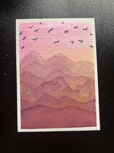 ACEO original painting 2.5 x 3.5 “Birds over mountains” by emartines 