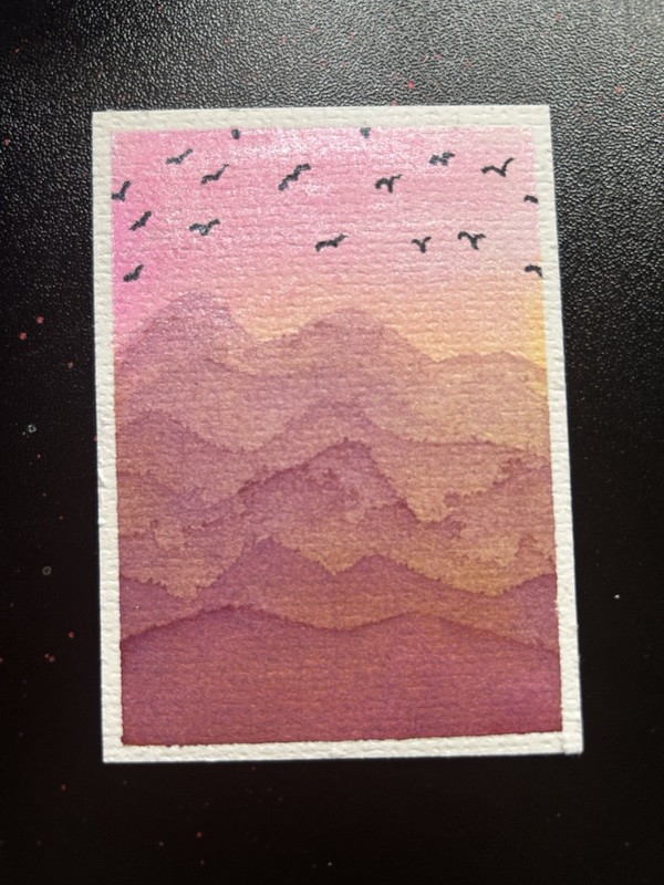 ACEO original painting 2.5 x 3.5 “Birds over mountains” by emartines 