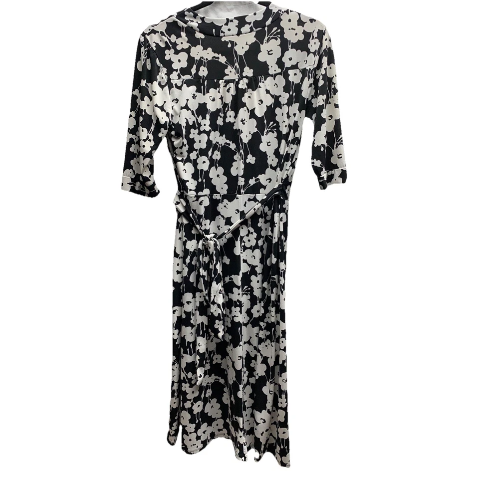 Floral Wrap Midi Dress M Black White Print 3/4 Sleeve V-Neck Retro Chic Elegant - Image 2 of 4