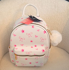 Like Dreams White/Pink Floral Hearts Bows Mini Backpack, Gold Zip, Charm