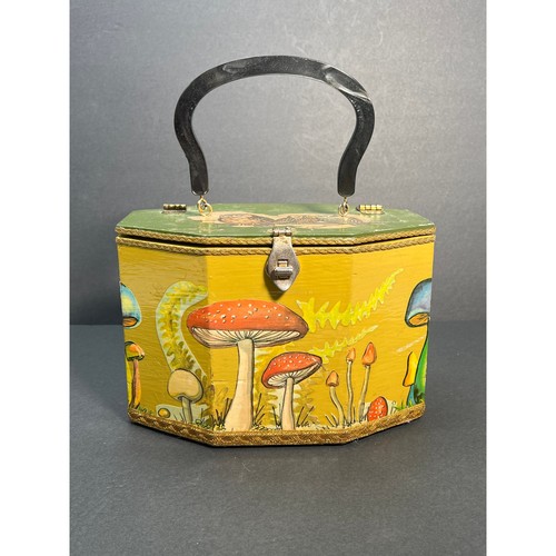 Vintage Box Geldbörse Pilze Eulen Decoupage Lucite Griff Holz Handarbeit 60er 70er