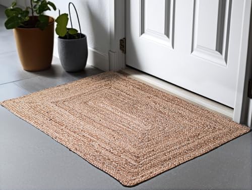 Hausattire Hand Woven Jute Braided Rug – Reversible Boho Entry 2'x3' Natural - Picture 3 of 7