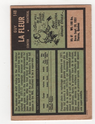 GUY LAFLEUR RC 1971-72 O-PEE-CHEE 71-72 N° 148 TB+/VG/EX 70435 - Photo 2 sur 2