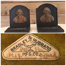 ANTIQUE BRADLEY & HUBBARD CAST IRON BRONZE SHAKESPEARE BUST  BOOK BOOKENDS 1889