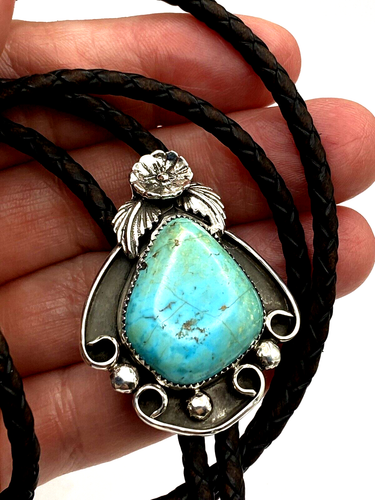 Cravatta Bolo turchese argento sterling stile sud-ovest applicazione floreale fatta a mano - Foto 12 di 16