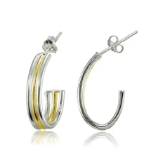 Sterling Silver Two-Tone Triple Curved Row Half Hoop Earrings