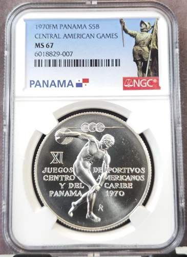 1970 PANAMA SILVER 5 BALBOAS CENTRAL AMERICAN GAMES NGC MS 67 BEAUTIFUL GEM BU