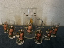 Vintage Glass Pineapple Drink Set With Pitcher And 6 Glasses