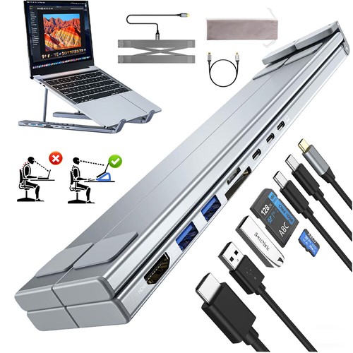 8 in 1 Hub Laptop Docking Station Stand USB C Aluminum Notebook Holder Foldable