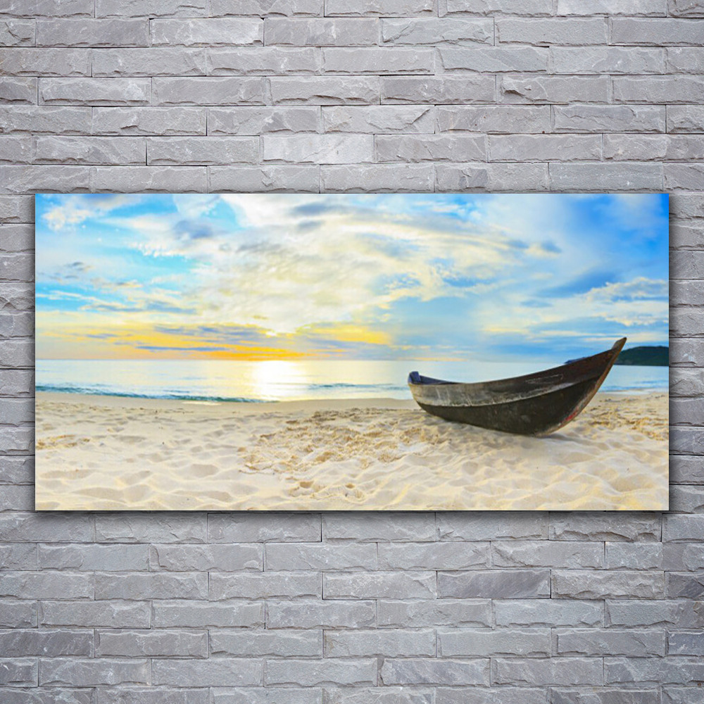 Tableau acrylique 120x60 pour mur vide paysage plage bateau sans reflets