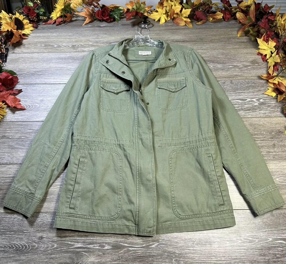 Merona Jacket Size Medium Green Military Canvas Windbreaker