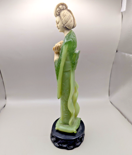 Fancy Japan Geisha in Kimono Holding Flowers Faux Jade + Ebony Base 11" VTG - Picture 6 of 13