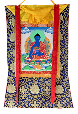 ORIGINAL HAND-PAINTED MEDICINE BUDDHA THANGKA/THANKA PAINTING WITH SILK BORDER