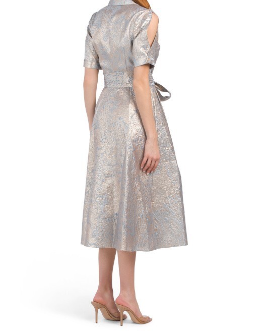 Teri Jon by Rickie Freeman Shot Slit Sleeve Metallic Jacquard Shirt Dress (s.22)