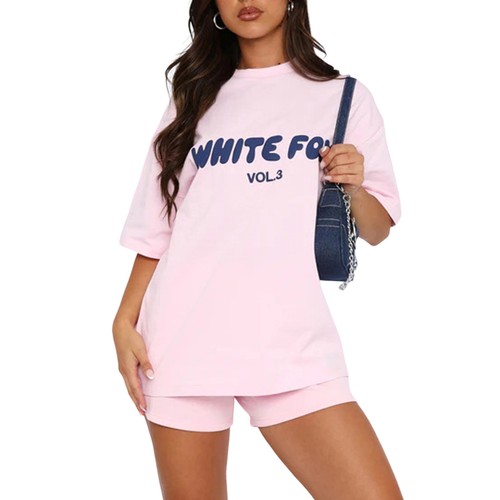 2 Piece White Foxs Womens Boutique T-Shirt Shorts Set Sweatshirt Sweatpants - Picture 23 of 48