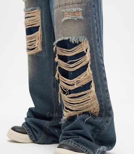 Men's Blue Black Denim Jeans Straight Leg Ripped Holes Pants Punk Hip Hop Casual - Picture 12 of 26
