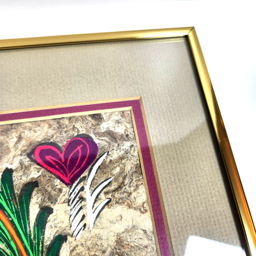 Vtg Mexican Amate Bark Painting Blacklight Folk Art Bird Flowers Framed 15x19 - Picture 9 of 16