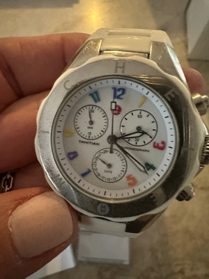 Reloj Michele Tahitian Jelly Bean Carousel Blanco Plata Arco Iris Números en caja Foto 3 de 4