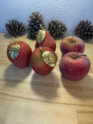 Vintage Lot 4 Apples, 1 Pear - Shiny Red Sugar Beaded Hanging Ornaments