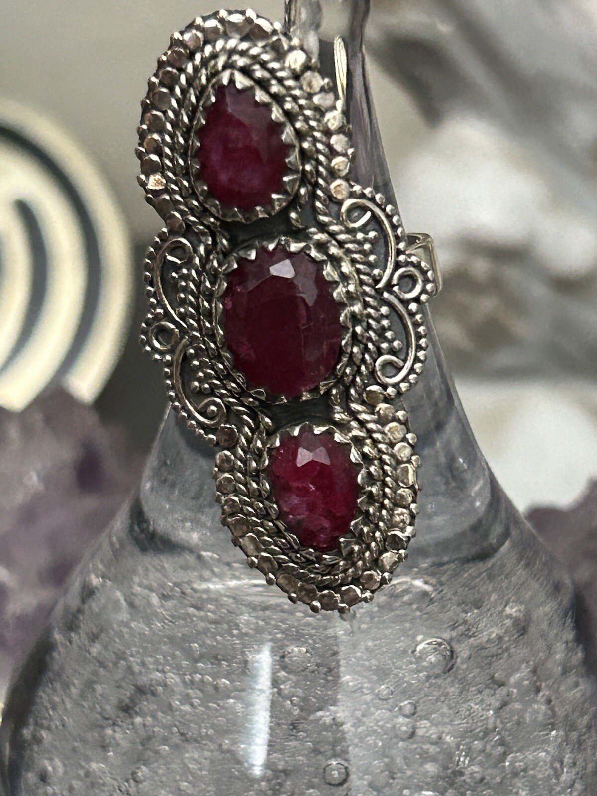Three Stone Natural Ruby Ring Sterling Silver Siz… - image 2