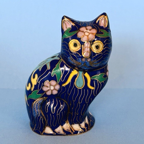 Blue Cloisonne Enameled Copper Miniature Cat Figurine Vintage