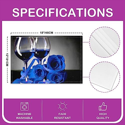 Rose Wine Glass Placemats for Dining Table, Royal Blue Rose 12" X 18" Multi 02 - Picture 4 of 4