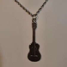 ACOUSTIC GUITAR Pewter Pendant Charm / 24" STAINLESS ROPE CHAIN NECKLACE