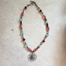 Handcrafted Multicolor Glass Beaded Necklace with Flower Pendant 925 sliver